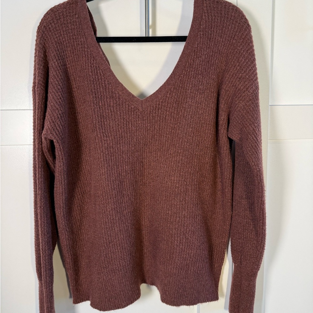 Anthropologie Maeve Dusty Rose V-Neck Sweater back detail sz XL